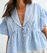 Gingham Embroidered Peplum Blouse