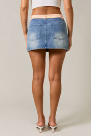 MID WAIST DENIM SKIRT WITH GINGHAM WAIST