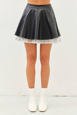 Ruffled Lace Faux Leather Skirt - Black