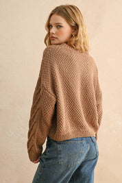 BUTTON FRONT CABLE SWEATER JACKET: BROWN