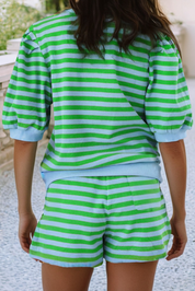 Stripe Puff Sleeve T Shirt Matching Shorts Set