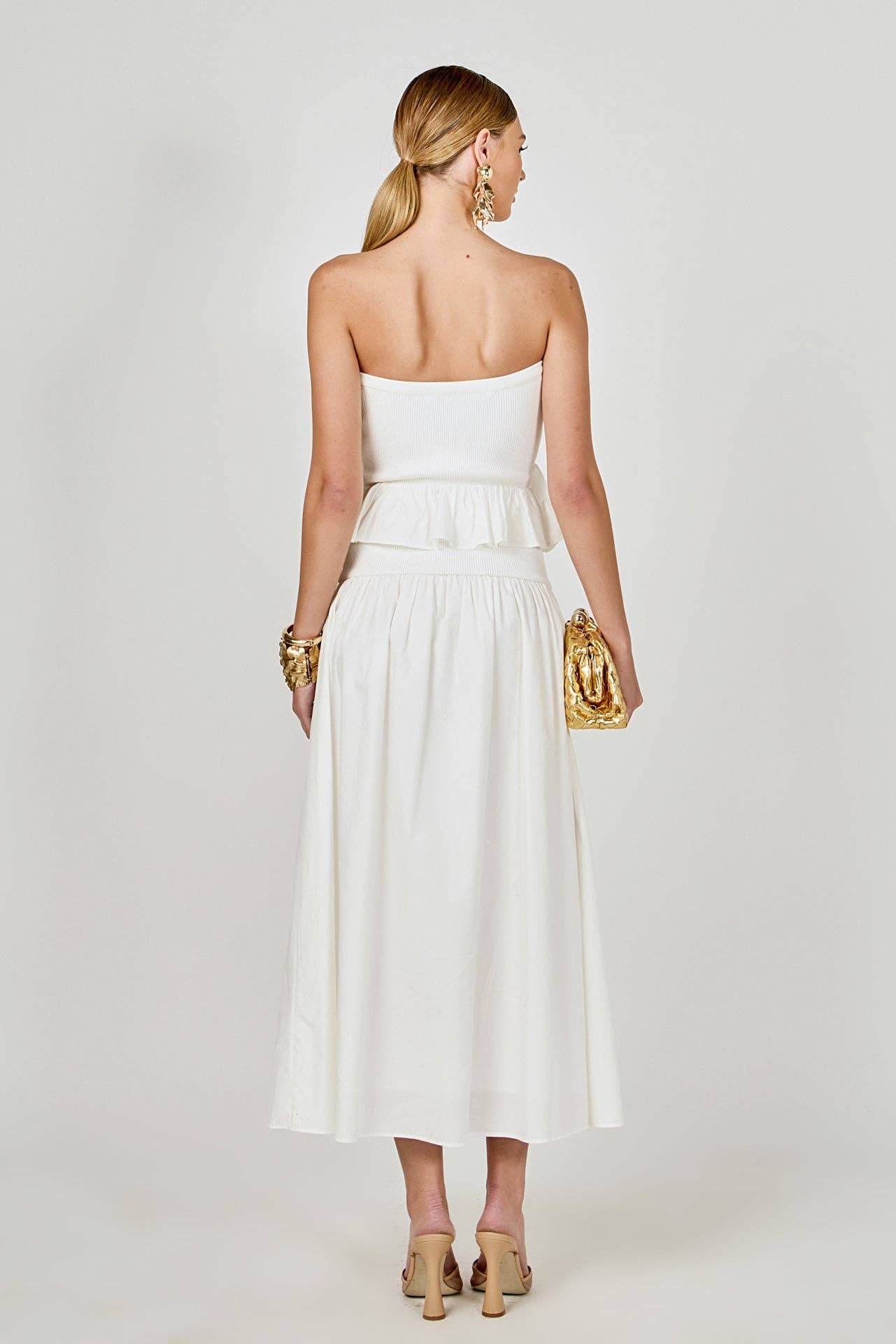 Mixed Media Strapless Maxi Dress: WHITE