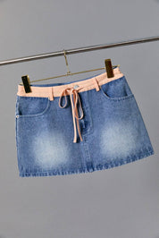 MID WAIST DENIM SKIRT WITH GINGHAM WAIST