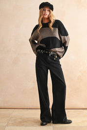 ABSTRACT PATTERN SWEATER TOP: BLACK/OLIVE