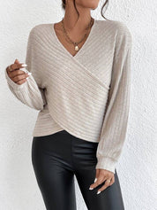 Solid V-Neck Cross Loose Long Sleeves Blouse