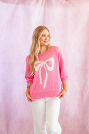 Pink Bow Print Stitch Trim Sweater