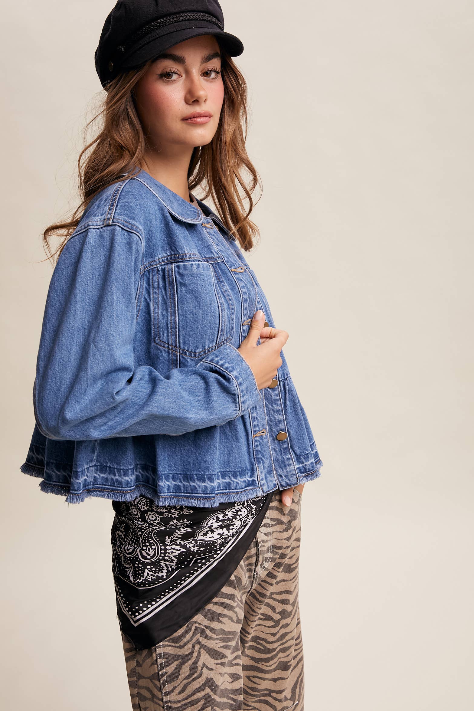 Peplum Hem Denim Jacket Washed Cobalt