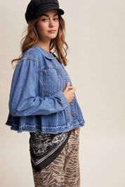Peplum Hem Denim Jacket Washed Cobalt