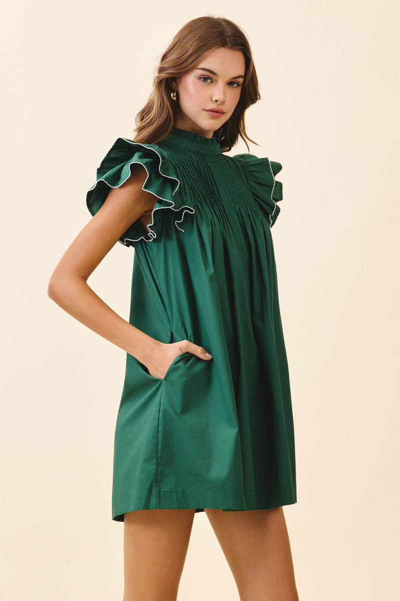 Back Button Down High Neck Babydoll Mini Dress: HUNTER GREEN