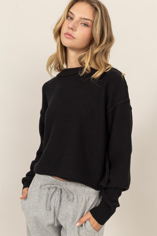 Oversized Cropped Knit Sweater - Black