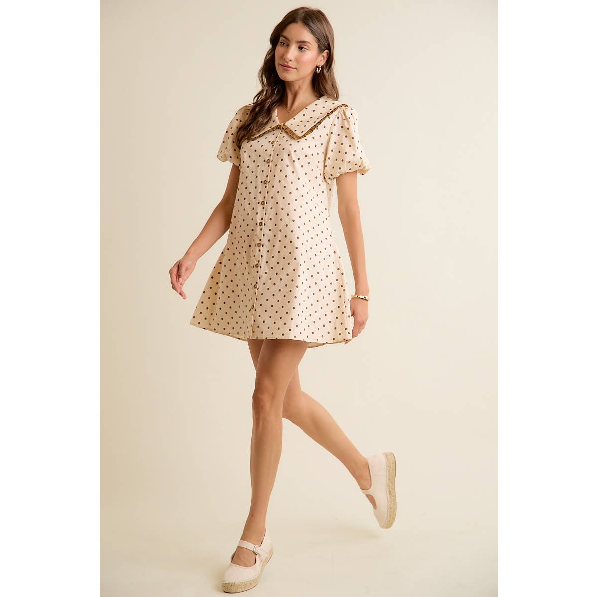 POLKA DOT PETER PAN RUFFLED COLLAR PUFF SLEEVES DRESS