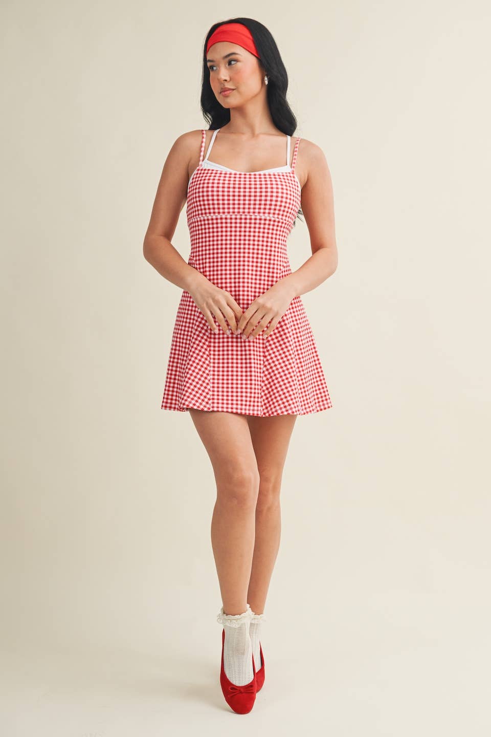 Gingham Print Double Layered Dress: Red Gingham