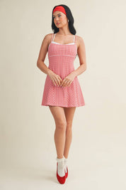 Gingham Print Double Layered Dress: Red Gingham