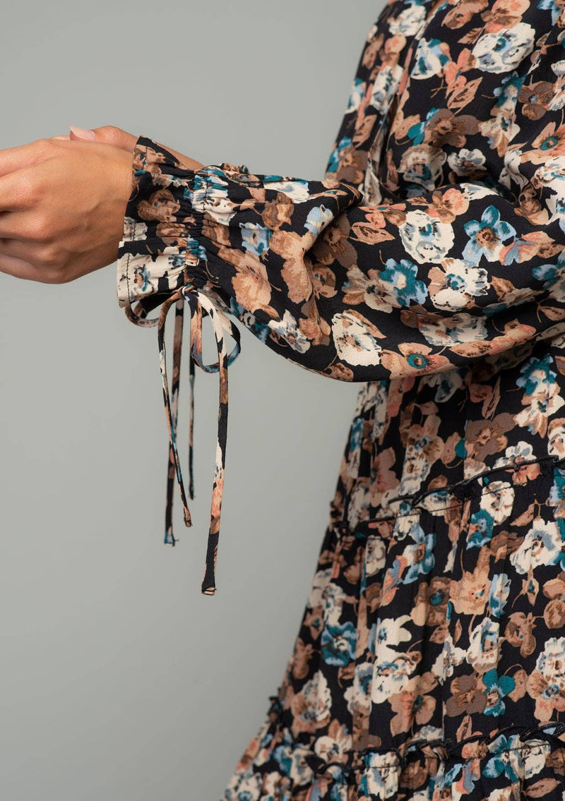 Floral Surplice Ruffle Tiered Mini Dress: Black/Natural