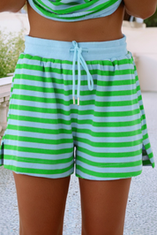 Stripe Puff Sleeve T Shirt Matching Shorts Set
