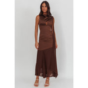 ASYMMETRICAL KEYHOLE MAXI DRESS CHOCOLATE