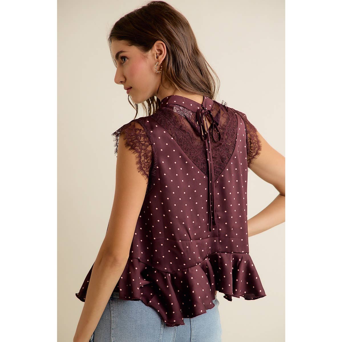 POLKA DOT SATIN LACE TOP: WINE/PINK