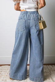 Stripe Button Pleated Drawstring Waist Casual Wide Leg Jeans