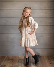 Girls Tan Gingham & Vintage Lace Puff Sleeve Tiered Dress