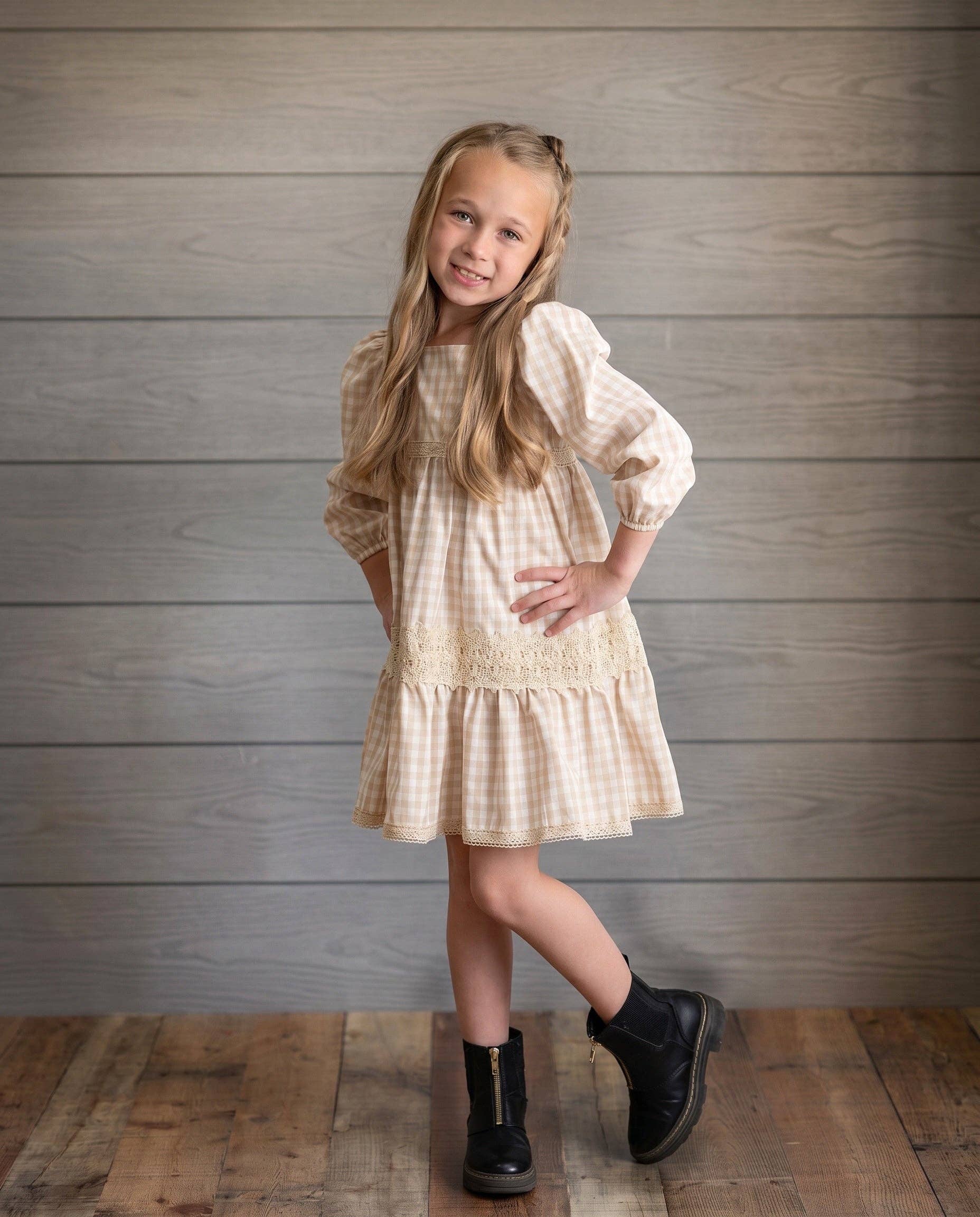Girls Tan Gingham & Vintage Lace Puff Sleeve Tiered Dress