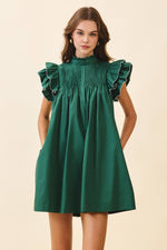Back Button Down High Neck Babydoll Mini Dress: HUNTER GREEN