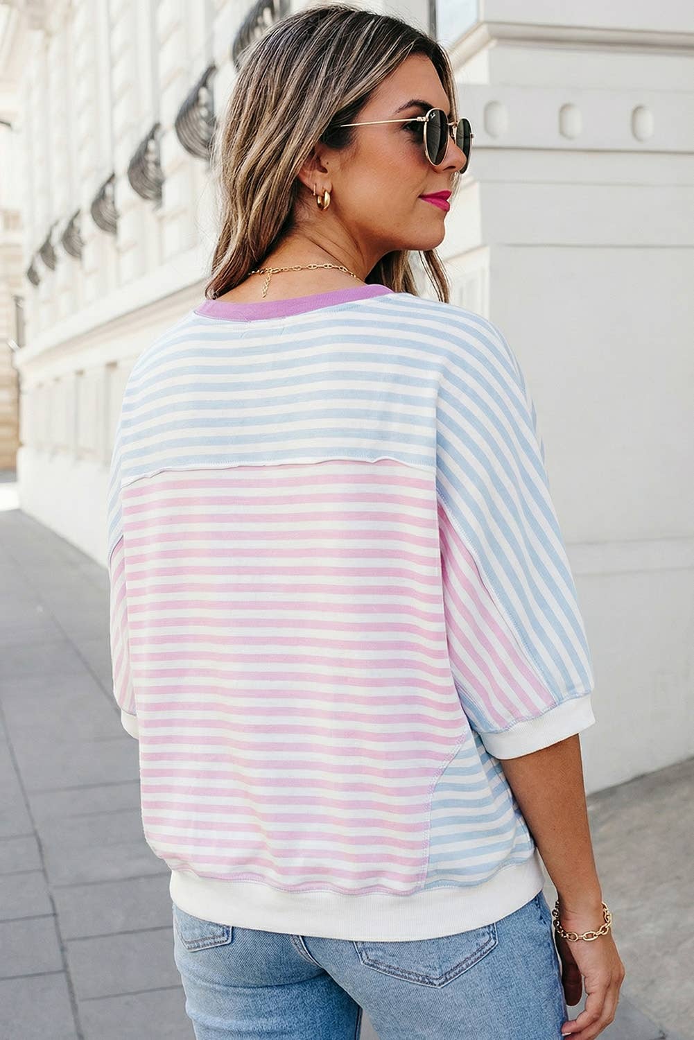 Stripe Patchwork Batwing Sleeve Top