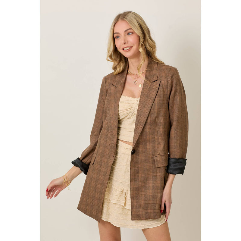 Fall Light Weight Plaid Blazer: Brown