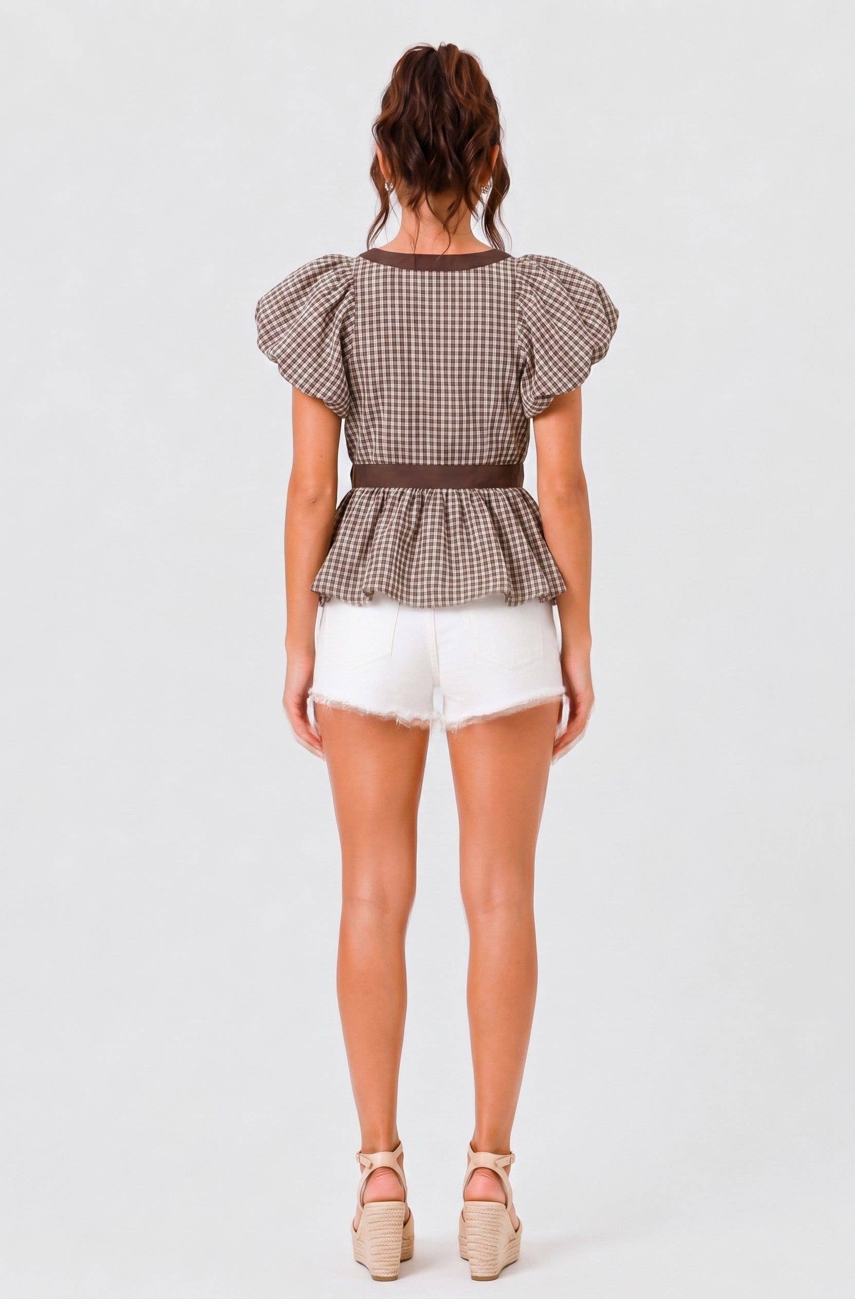 DEEP V NECK BUBBLE HEM GINGHAM BLOUSE TOP