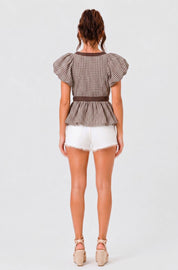 DEEP V NECK BUBBLE HEM GINGHAM BLOUSE TOP