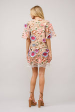 Multi 3D Floral Peplum Puff Sleeve Mini Dress