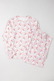 Santa Claus Striped Print Loose Fit Two Piece Lounge Set: Pink