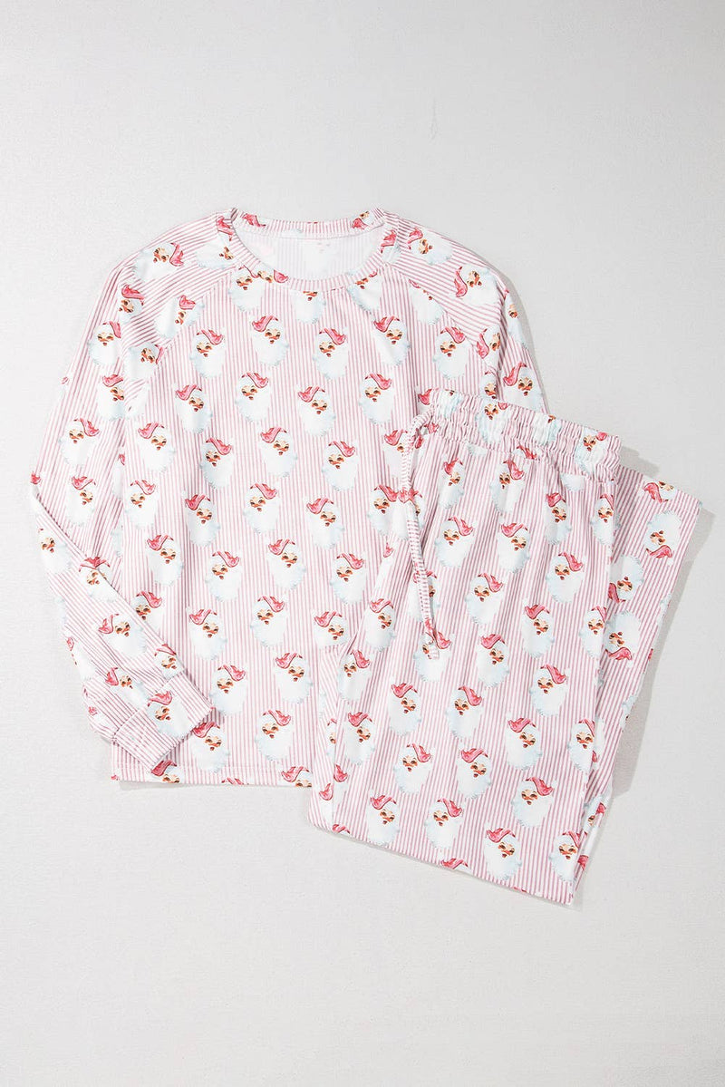 Santa Claus Striped Print Loose Fit Two Piece Lounge Set: Pink