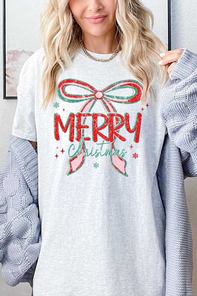 Merry Christmas Bow Graphic Heavy Cotton Tee: NATURAL