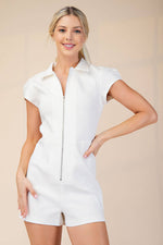 Short-Sleeve Collared Zip-front Romper - White