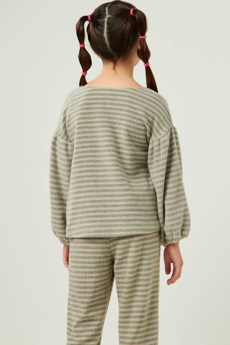 Girls Brushed Stripe Puff Sleeve Knit Top