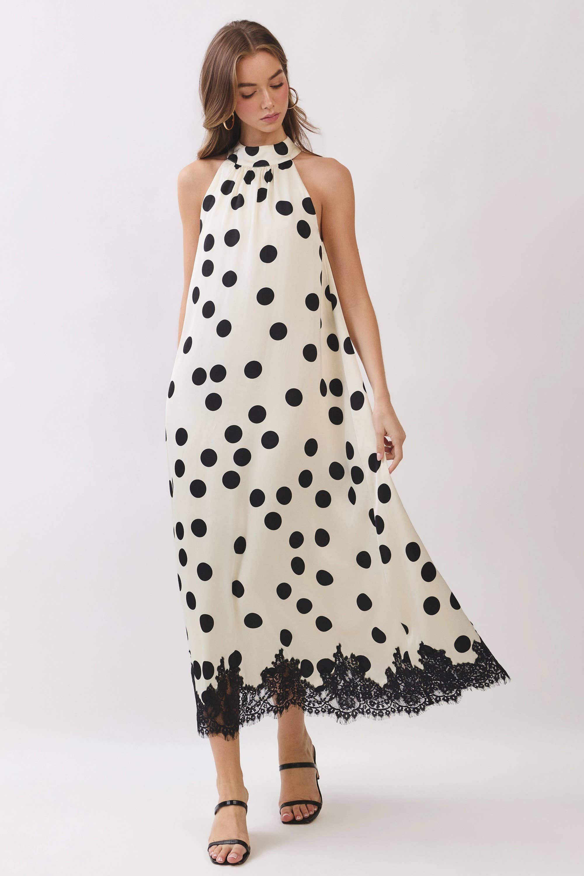 Polka Dot Lace Trim Halter Maxi Dress