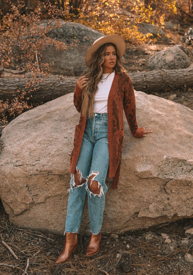 Metallic Floral Long Sleeve Belted Cardigan