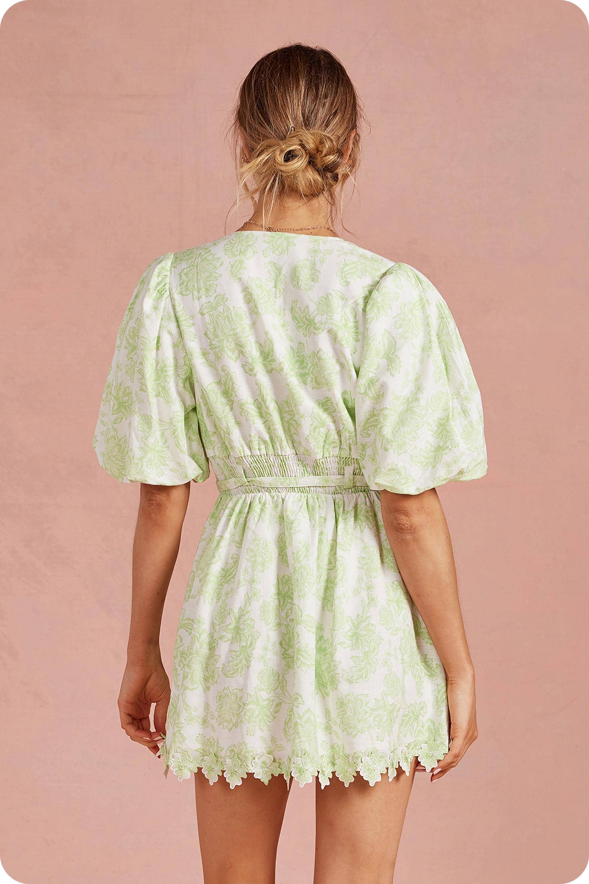 Botanical Garden Scallop Lace Puff Mini Dress