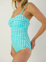 Women's Bright Aqua Gingham Convertible Bandeau One Piece Swimsuit