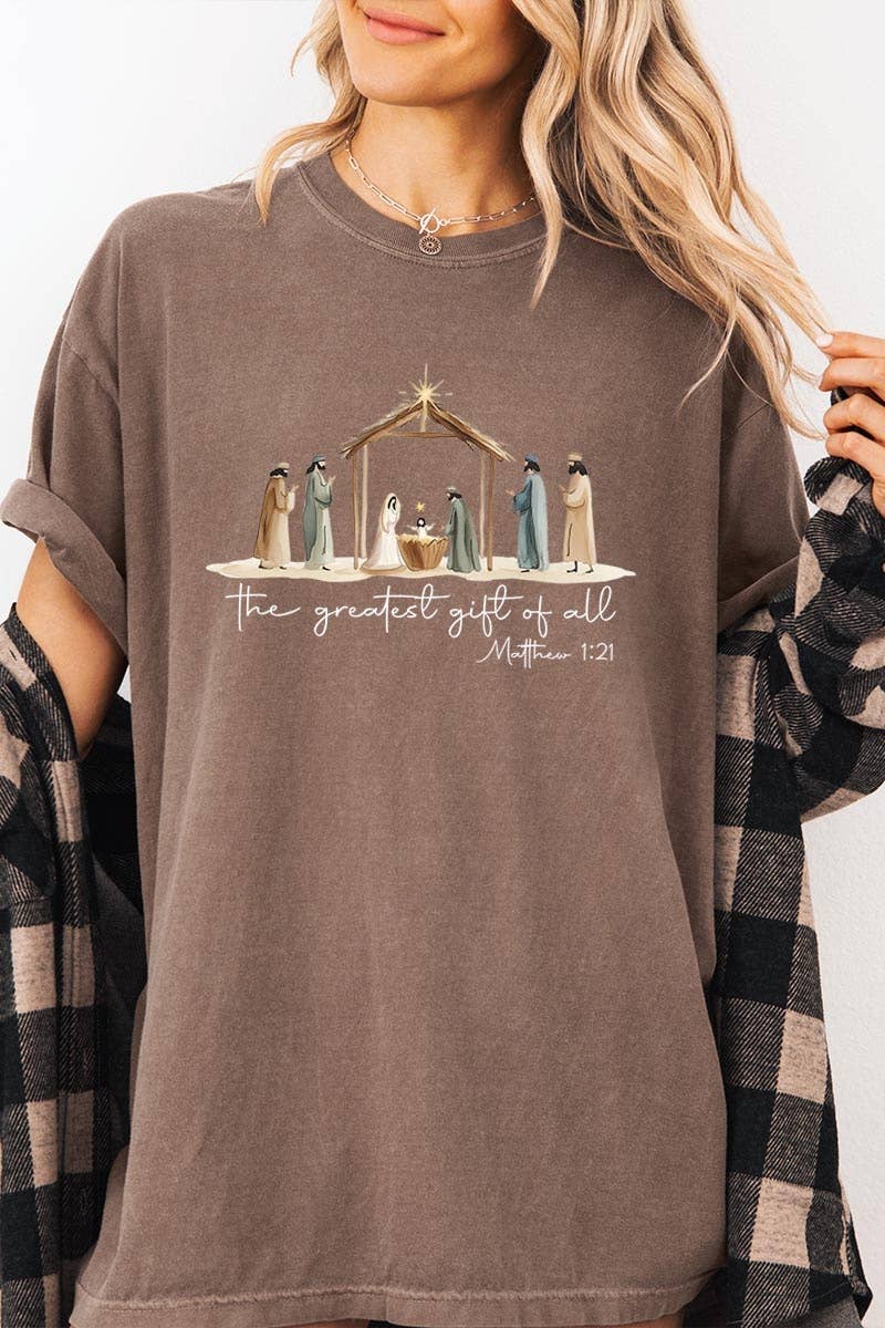 Nativity Gift Graphic Garment Dyed Tee: ESPRESSO