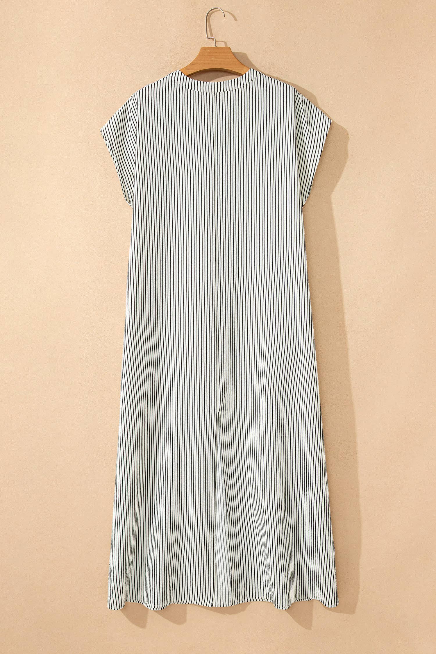 Stripe Frilled Half Buttons Short Sleeve Long Dress