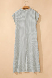 Stripe Frilled Half Buttons Short Sleeve Long Dress