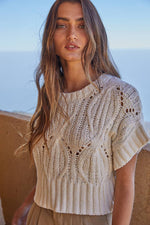 Knit Sweater Crochet Round Neck Short Sleeve Top: Cream