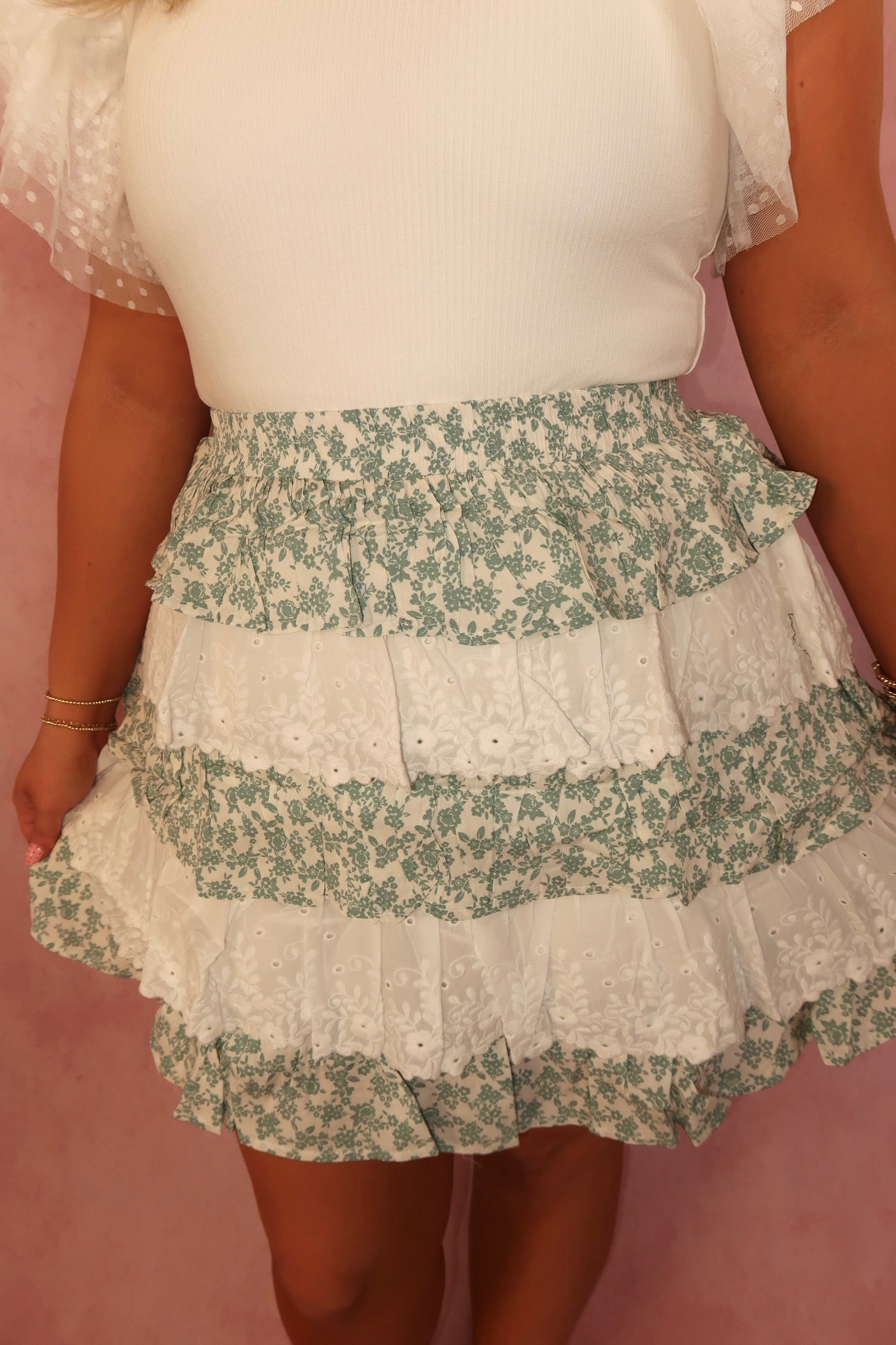 Floral Print and Embroidered Tiered Ruffle Mini Skirt