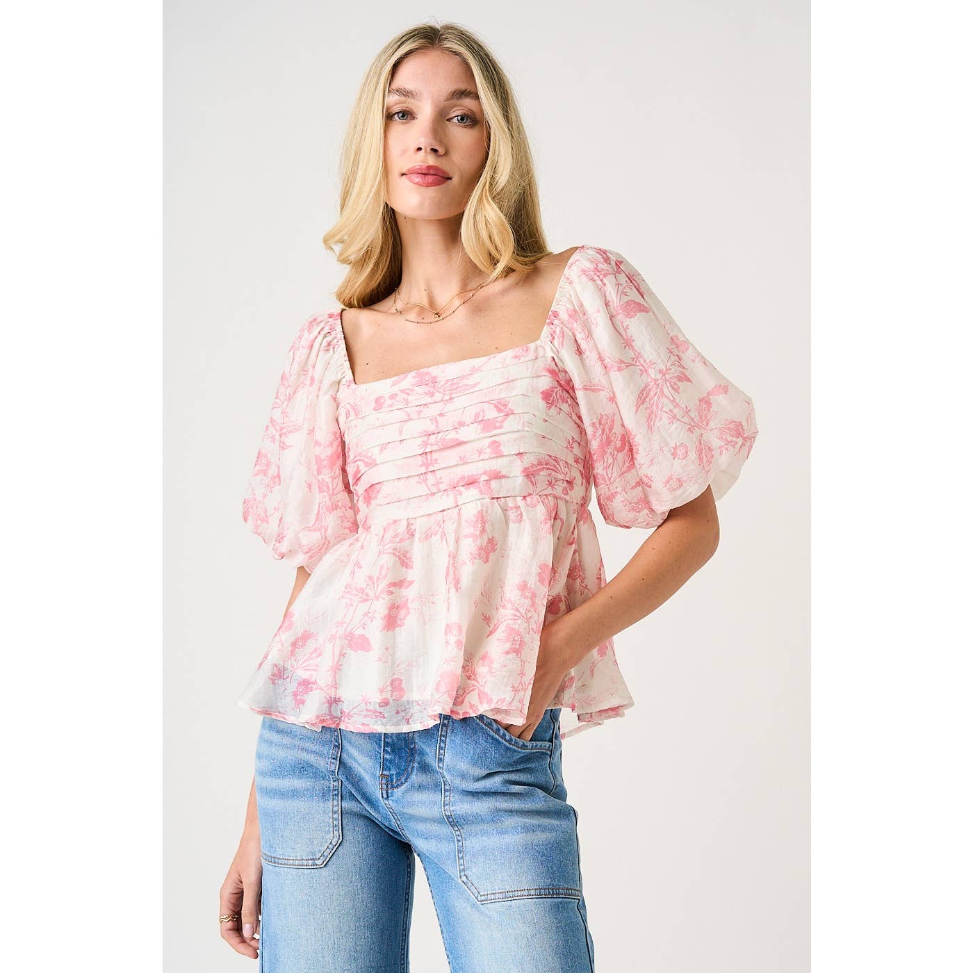 FLORAL PRINT PLEAT DETAIL PUFF SLEEVE BABYDOLL TOP