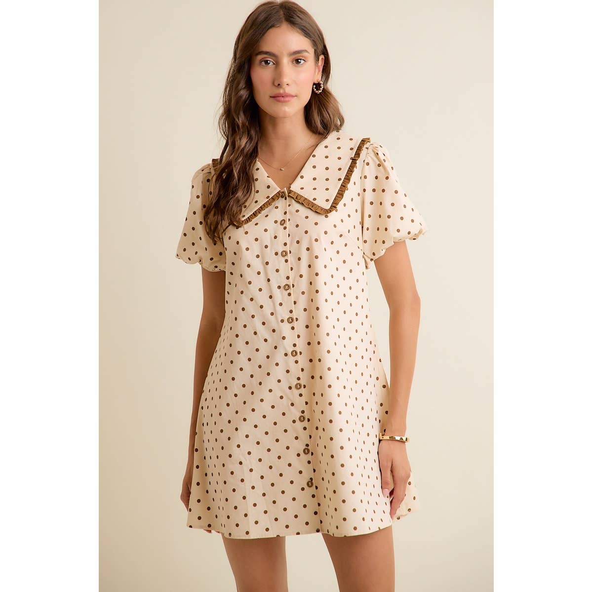 POLKA DOT PETER PAN RUFFLED COLLAR PUFF SLEEVES DRESS