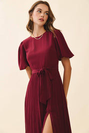 Pleated With Side Slit Detail Round Neck Dress: Burgundy