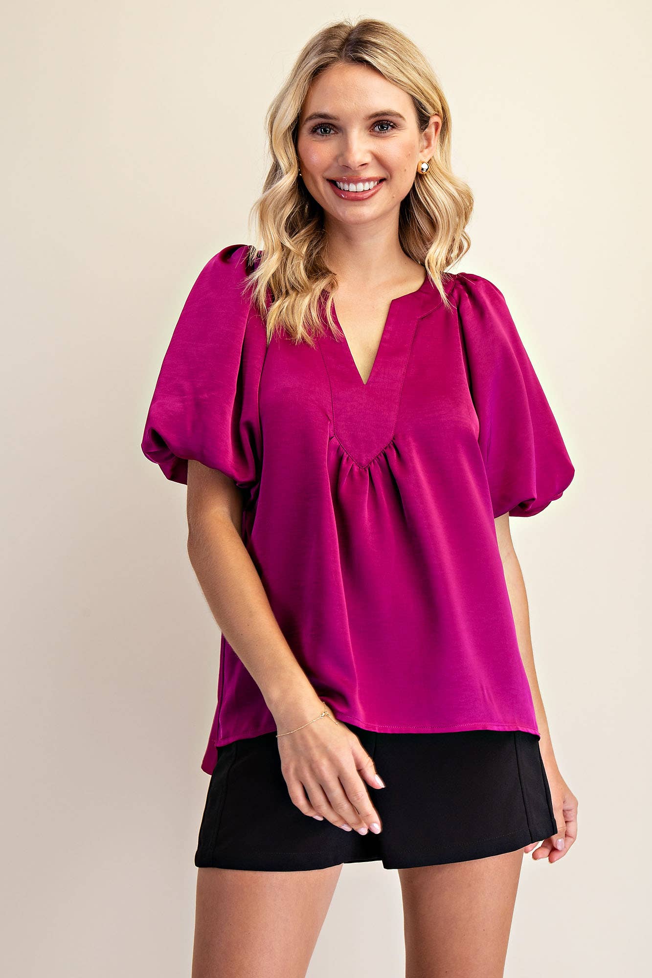 V-Neck Puff Sleeve Top: Plum - Plum