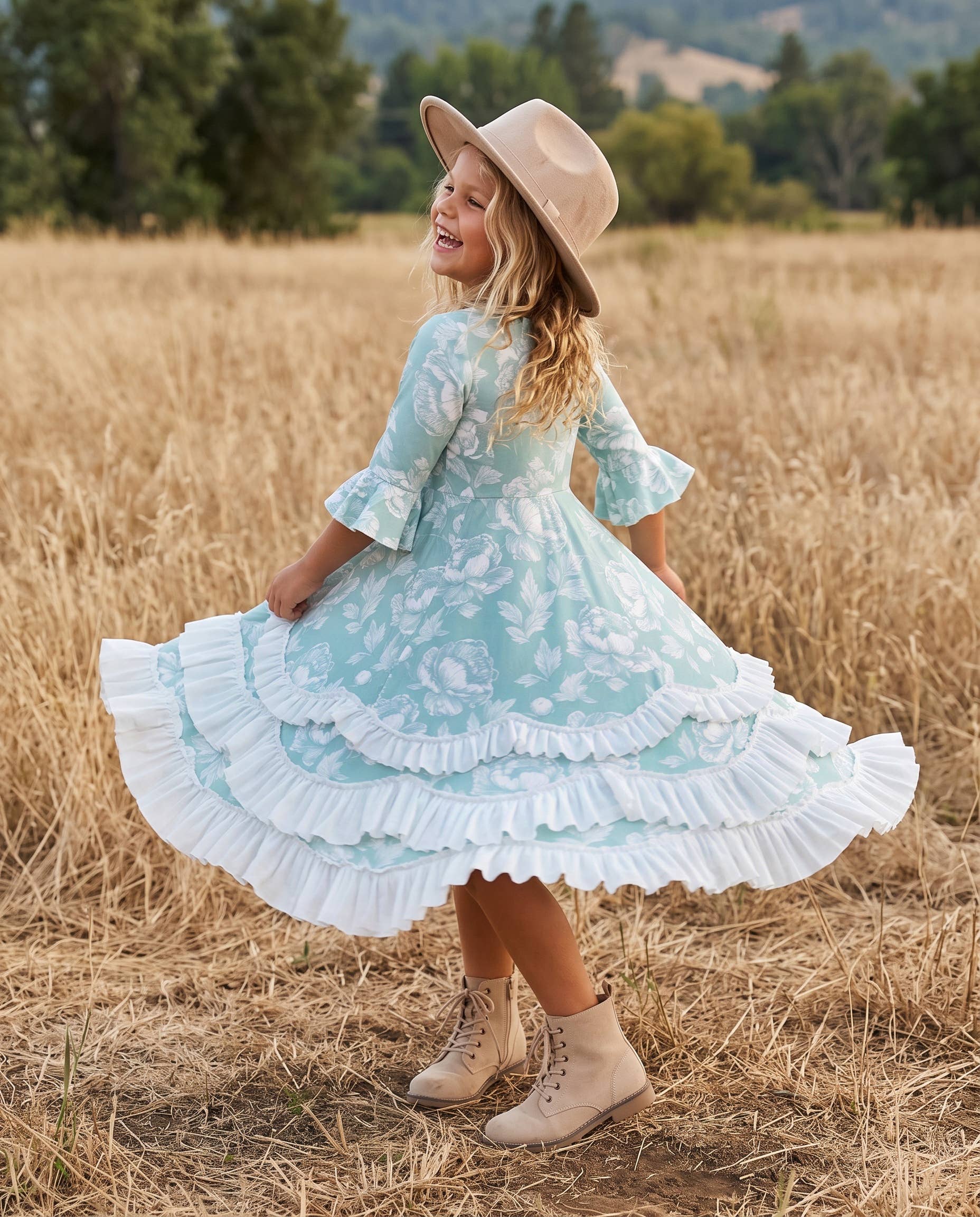 Girls Bella Soft Sage & Winter White Twirl Ruffles Dress