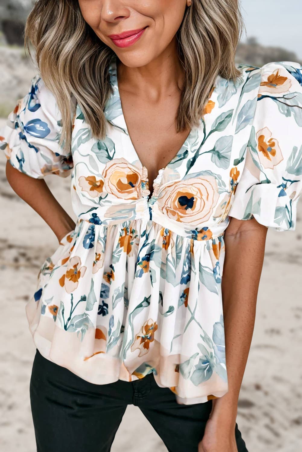 Floral Print Puff Sleeve Babydoll Blouse